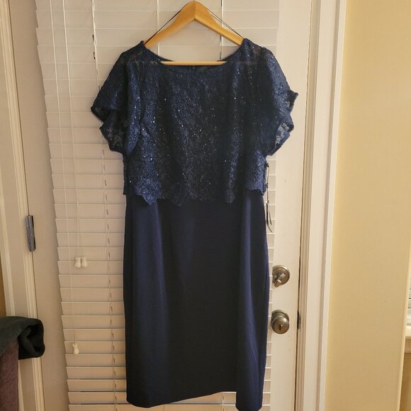 Adrianna Papell - Sequin Guipure Lace Popover Top Sheath Dress - Navy, Size 16 - Picture 1 of 7